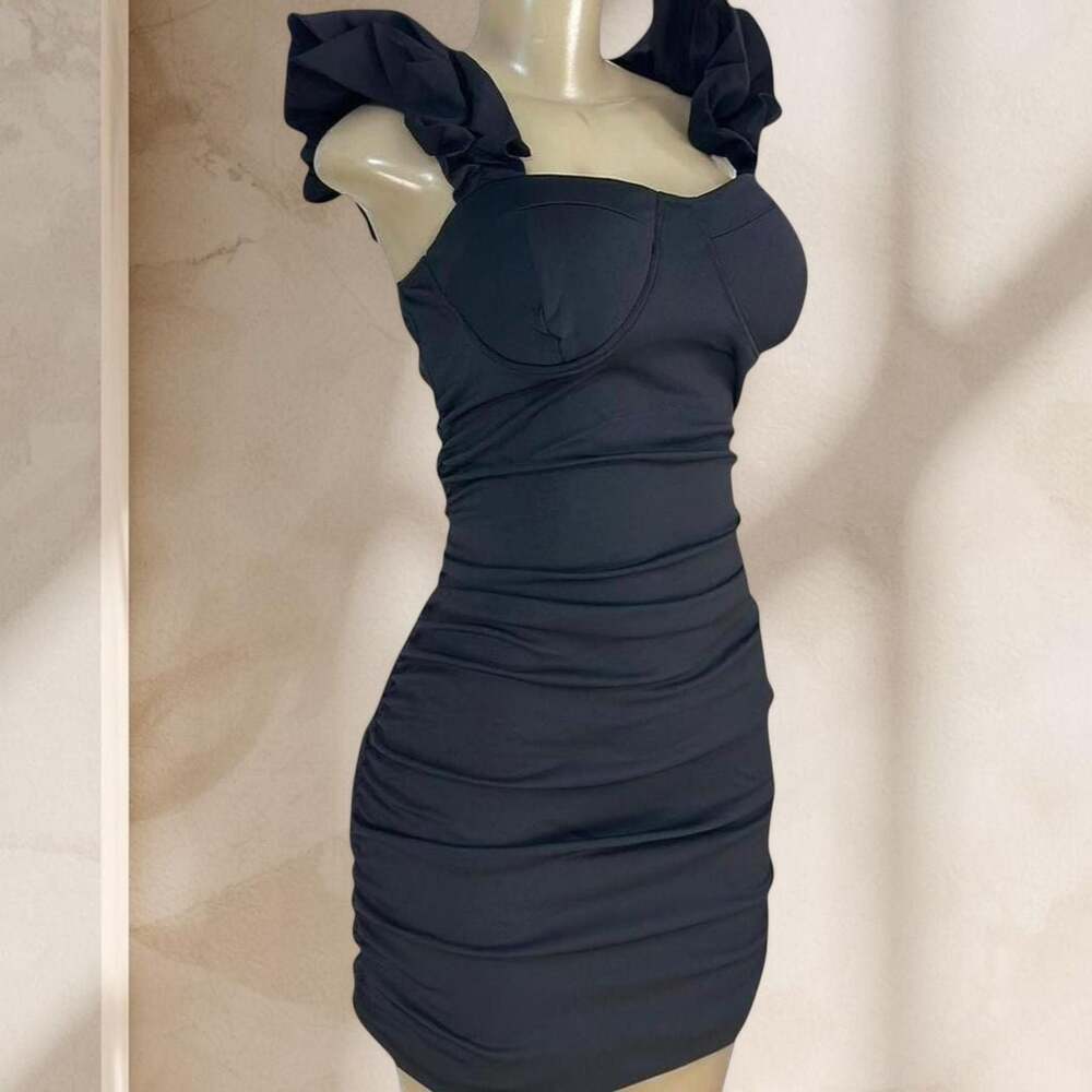 Black Ruched Mini Dress – Ruffle Strap Bodycon Corset Style Sexy Elegant ✧ L - Picture 2 of 4